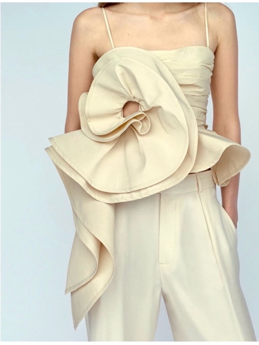 New ZARA voluminous flower floral ruffle Cream Strap Peplum Top size small - Picture 6 of 13